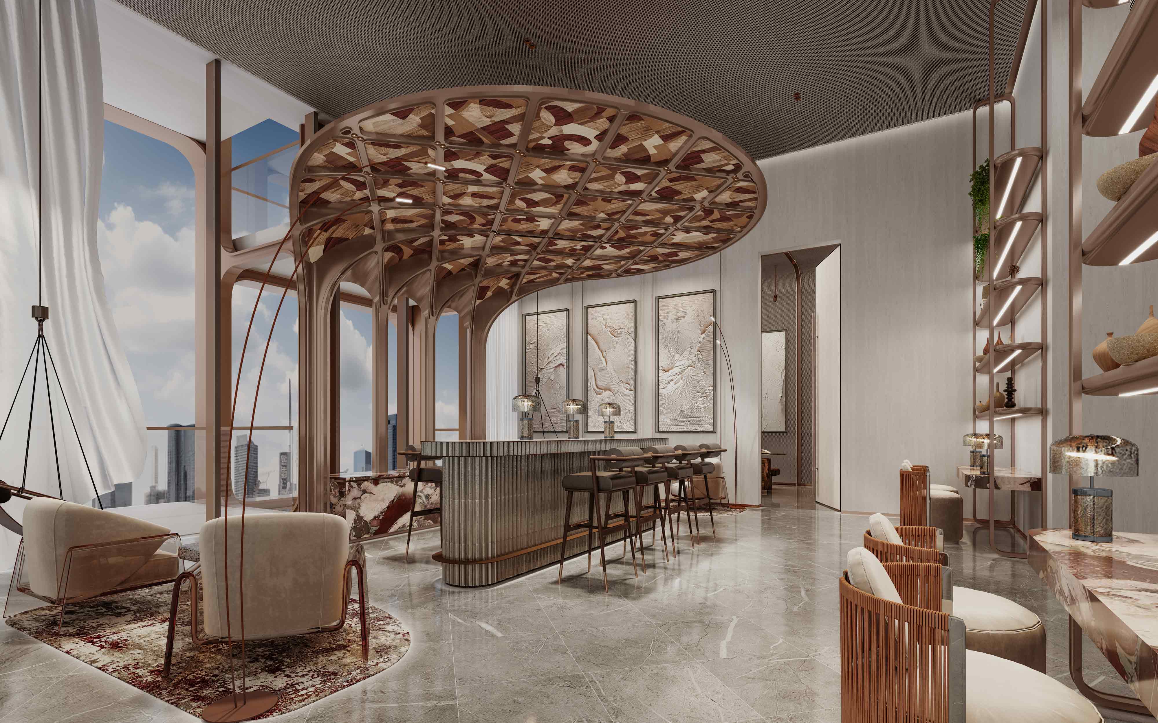 The Symphony By Imtiaz A modern lounge area featuring elegant furniture, a bar, and artistic wall displays with large windows revealing city views.